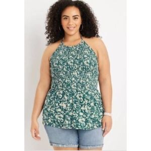 Sexy Smocked Halter Tank TOP 3X Dark Green Floral Swing High Neck Maurices NEW